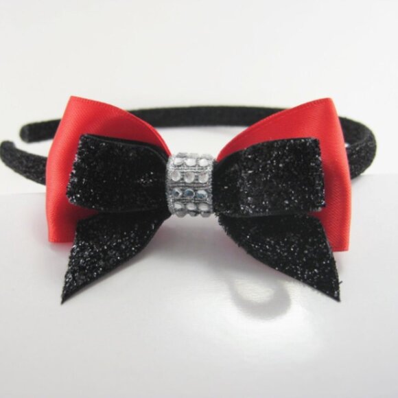 Girls Metallic Rhinestone Tail Bow Headband Christmas Holiday Festive Hair Bow - Picture 2 of 5